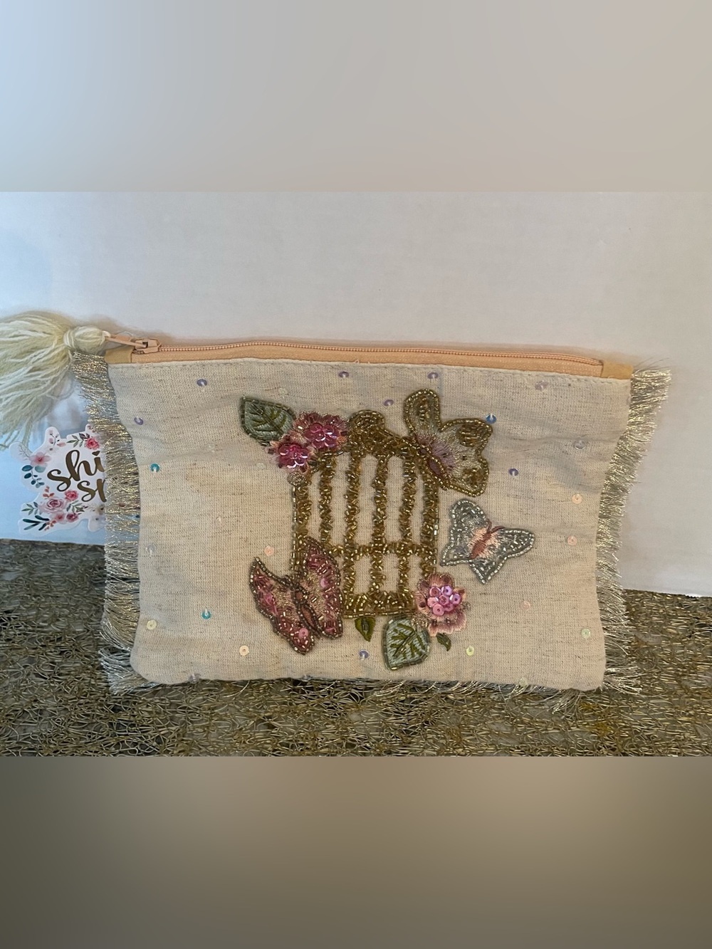 NWT Hand-Beaded Butterfly & Birdcage Cosmetic Clutch | Sequined Linen Makeup Bag